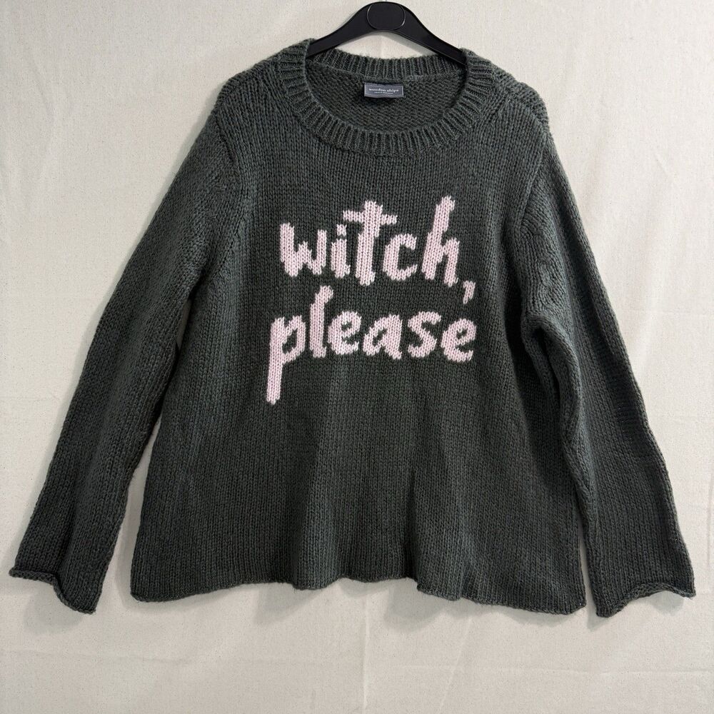 Wooden Ships Charcoal Knit Sweater with Pink Script Witch Size M/L